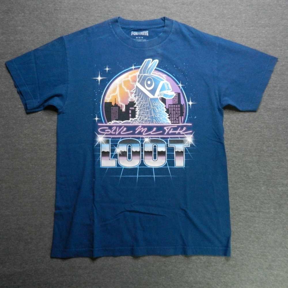 Fortnite T-Shirt Adult Size Medium Blue Pink Give Me The Loot Graphic Tee
